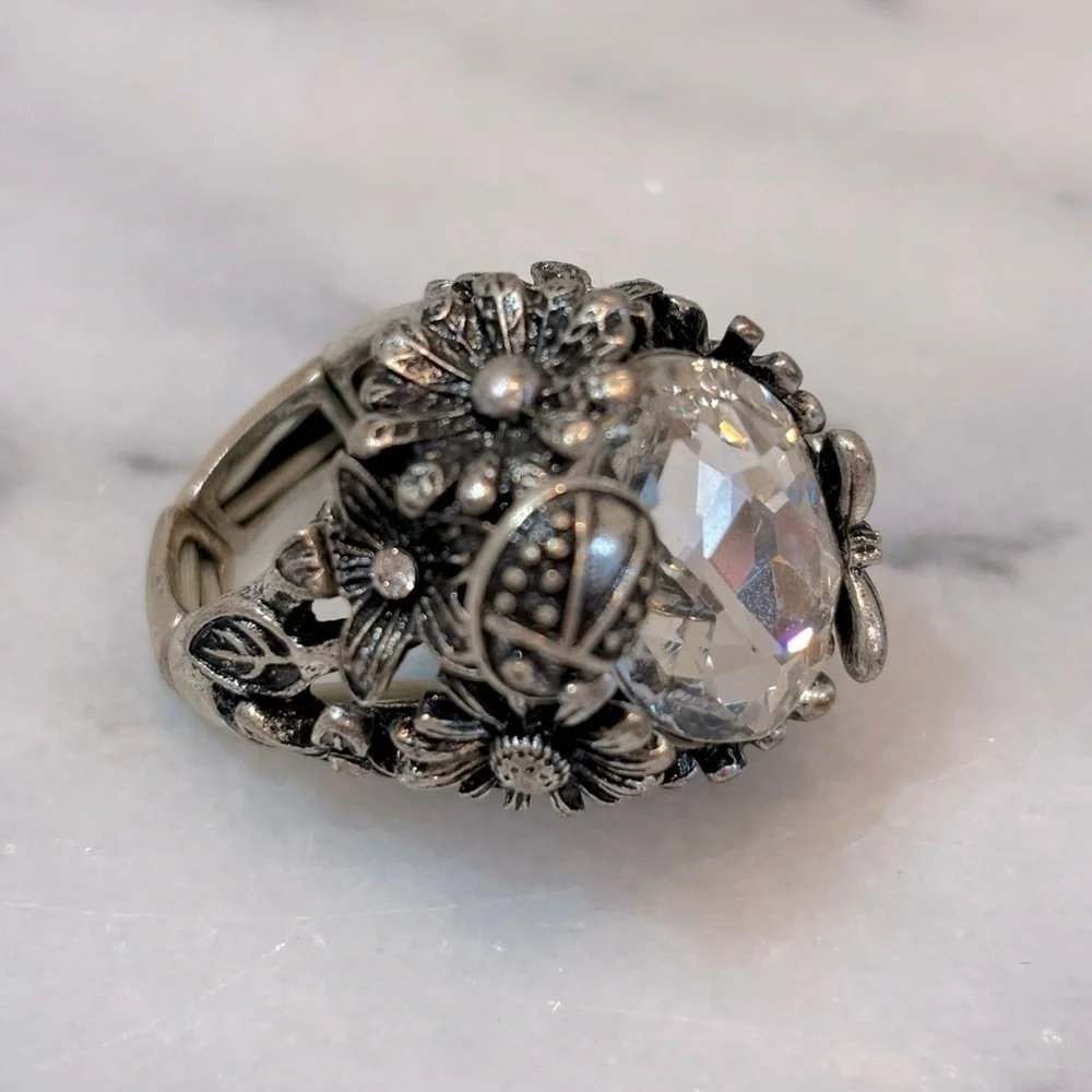 Chunky Flower &‎ Ladybug Antique Silver Tone Crystal Costume Ring Stretch Band